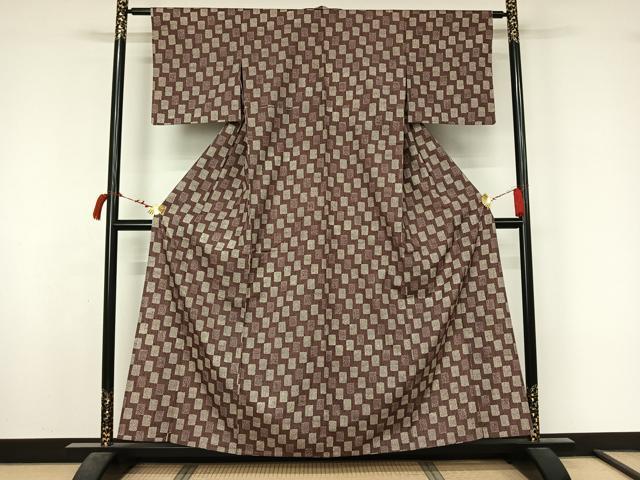平和屋着物▽上質な小紋　単衣　紬地　市松菊文　やまと誂製　正絹　逸品　AABL6767jh
