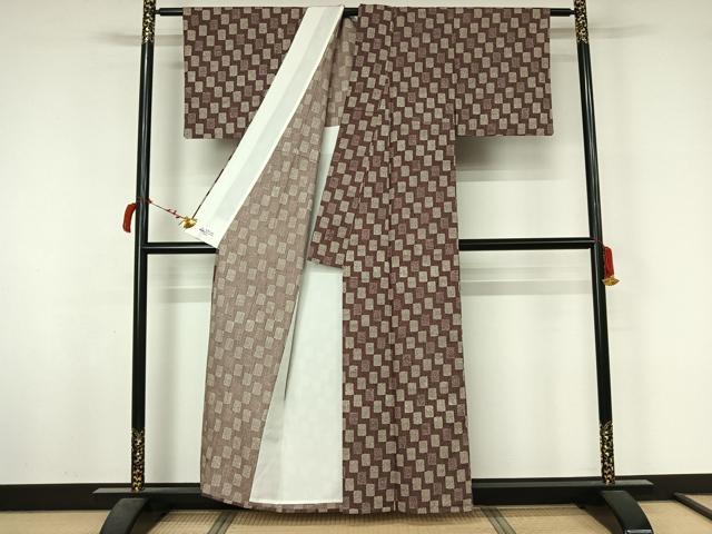 平和屋着物▽上質な小紋　単衣　紬地　市松菊文　やまと誂製　正絹　逸品　AABL6767jh
