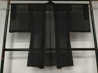 平和屋着物▽長羽織　スリーシーズン　春夏秋　塵除け　黒地　正絹　逸品　AABL6771jh