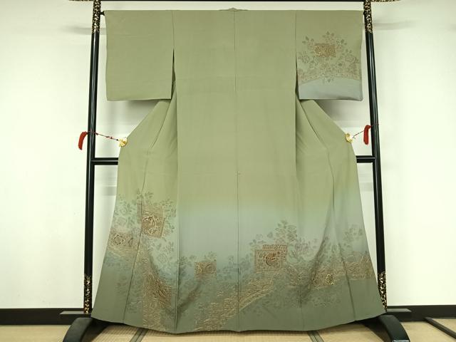 平和屋着物▽訪問着　単衣　中国三大刺繍　スワトウ刺繍　汕頭刺繍　総刺繍　花鳥文　暈し染め　金糸　正絹　逸品　AABL6773jh