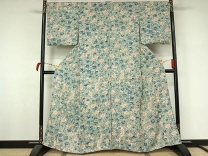 平和屋着物▽上質な小紋　単衣　草花文　正絹　逸品　AABL6775jh