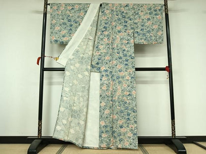 平和屋着物▽上質な小紋　単衣　草花文　正絹　逸品　AABL6775jh