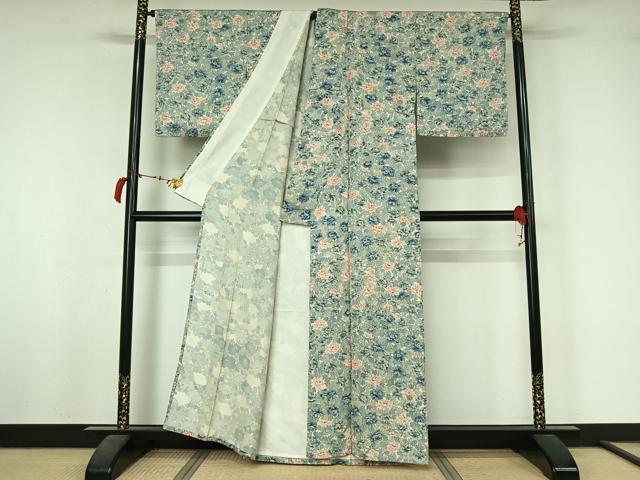 平和屋着物▽上質な小紋　単衣　草花文　正絹　逸品　AABL6775jh