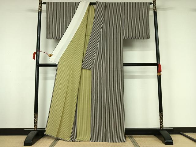 平和屋着物▽上質な小紋　単衣　縞　正絹　逸品　AABL6776jh