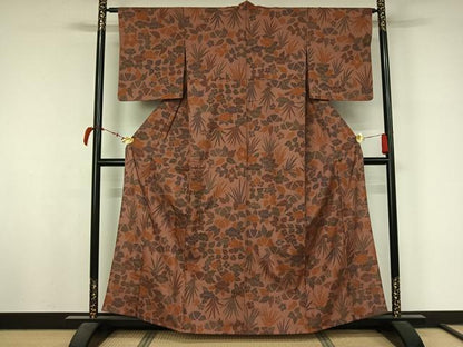 平和屋着物▽上質な小紋　単衣　紬地　草花文　正絹　逸品　AABL6777jh