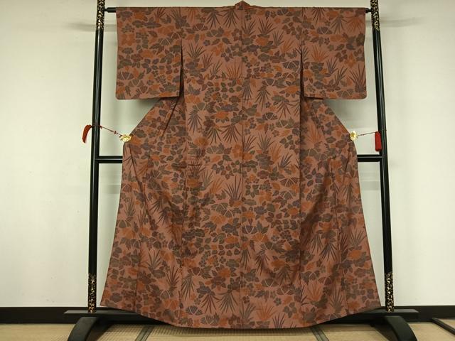平和屋着物▽上質な小紋　単衣　紬地　草花文　正絹　逸品　AABL6777jh