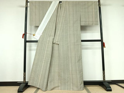平和屋着物▽上質な紬 　単衣　縞 　正絹　逸品　未使用　AABL6778jh