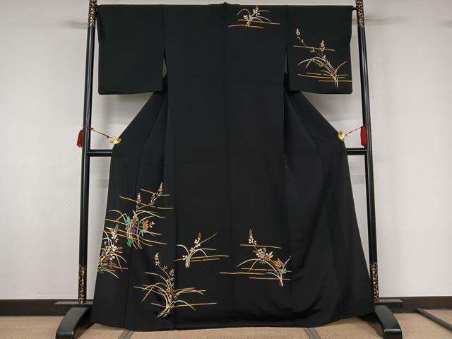 平和屋着物▽訪問着　単衣　草花文　黒地　金彩　正絹　逸品　AABL6781jh