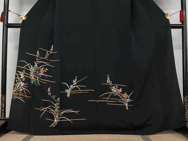 平和屋着物▽訪問着　単衣　草花文　黒地　金彩　正絹　逸品　AABL6781jh