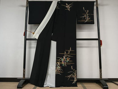 平和屋着物▽訪問着　単衣　草花文　黒地　金彩　正絹　逸品　AABL6781jh