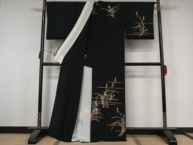 平和屋着物▽訪問着　単衣　草花文　黒地　金彩　正絹　逸品　AABL6781jh