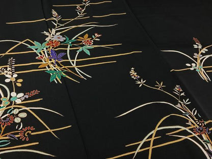 平和屋着物▽訪問着　単衣　草花文　黒地　金彩　正絹　逸品　AABL6781jh