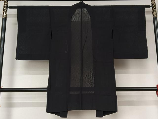 平和屋着物▽長羽織　スリーシーズン　春夏秋　塵除け　幾何学文様　黒地　正絹　逸品　AABL6786jh