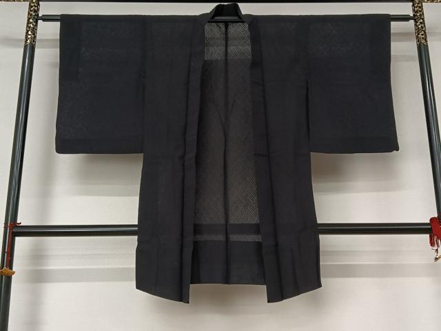 平和屋着物▽長羽織　スリーシーズン　春夏秋　塵除け　幾何学文様　黒地　正絹　逸品　AABL6786jh