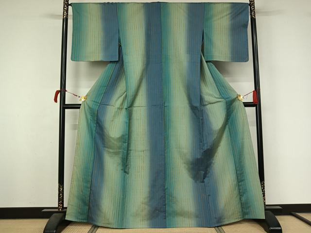平和屋着物▽上質な紬 　単衣　竜巻絞り　縞 　正絹　逸品　未使用　AABL6787jh