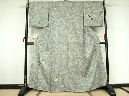 平和屋着物▽訪問着　単衣　手描き　絵皿花文　墨流し文様　正絹　逸品　AABL6788jh