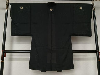 平和屋着物▽男性　夏　絽　長羽織　黒紋付　正絹　逸品　AABL6790jh