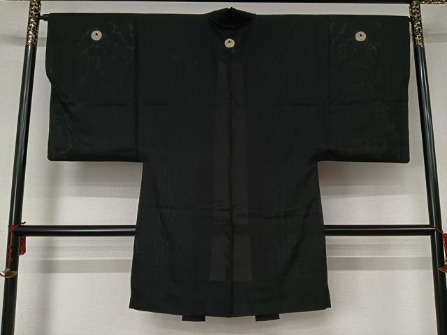 平和屋着物▽男性　夏　絽　長羽織　黒紋付　正絹　逸品　AABL6790jh