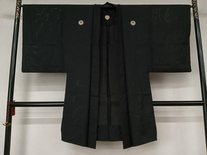 平和屋着物▽男性　夏　絽　長羽織　黒紋付　正絹　逸品　AABL6790jh