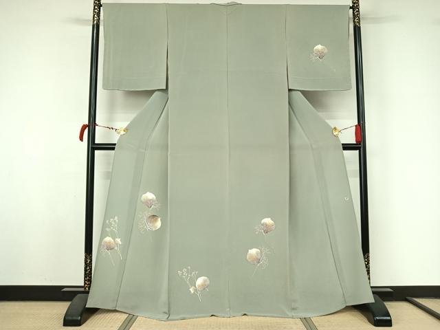 平和屋着物▽華道家　楠目ちづ　訪問着　単衣　枝花文　鬼しぼ縮緬　正絹　逸品　AABL6795jh