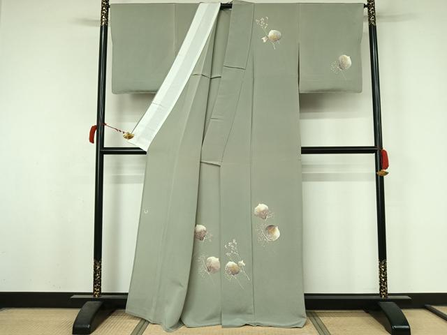 平和屋着物▽華道家　楠目ちづ　訪問着　単衣　枝花文　鬼しぼ縮緬　正絹　逸品　AABL6795jh