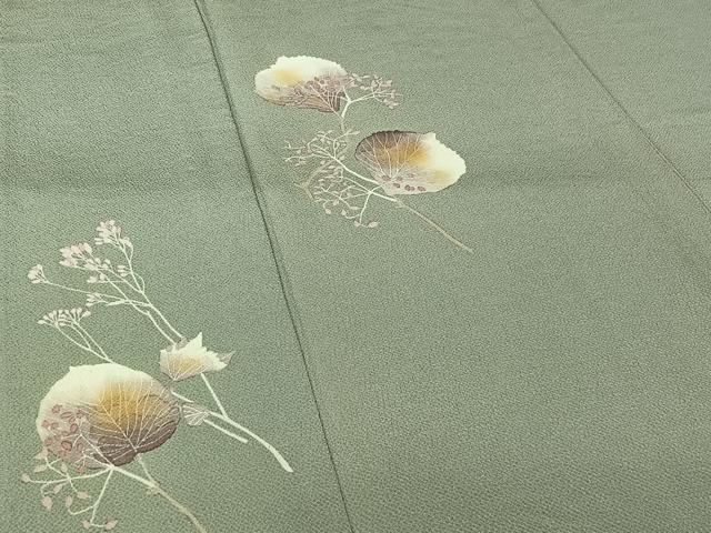 平和屋着物▽華道家　楠目ちづ　訪問着　単衣　枝花文　鬼しぼ縮緬　正絹　逸品　AABL6795jh
