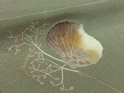 平和屋着物▽華道家　楠目ちづ　訪問着　単衣　枝花文　鬼しぼ縮緬　正絹　逸品　AABL6795jh