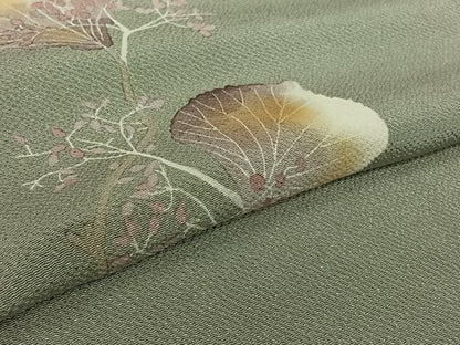 平和屋着物▽華道家　楠目ちづ　訪問着　単衣　枝花文　鬼しぼ縮緬　正絹　逸品　AABL6795jh