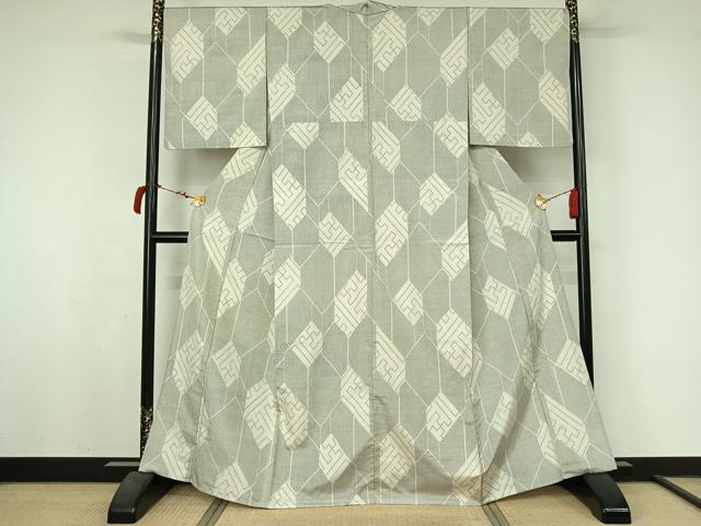 平和屋着物▽上質な紬　単衣　紗綾形文　正絹　逸品　AABL6799jh