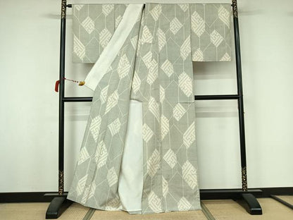 平和屋着物▽上質な紬　単衣　紗綾形文　正絹　逸品　AABL6799jh
