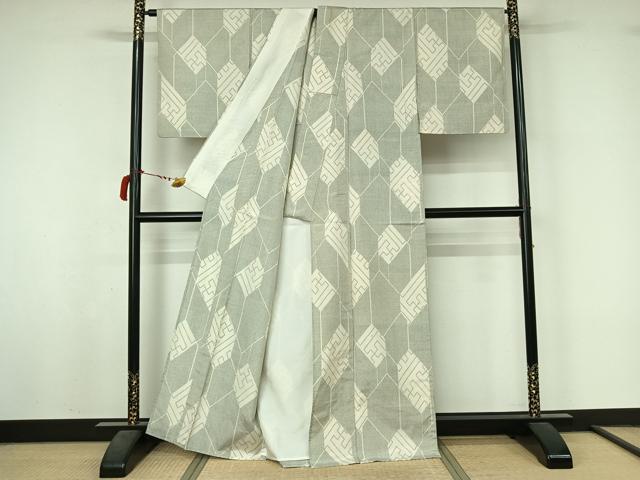 平和屋着物▽上質な紬　単衣　紗綾形文　正絹　逸品　AABL6799jh
