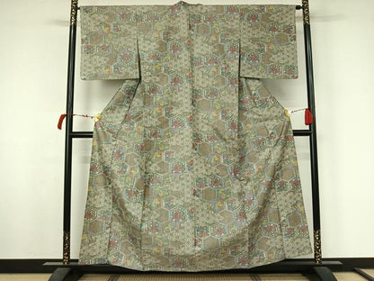 平和屋着物▽上質な紬　単衣　亀甲花文　正絹　逸品　AABL6809jh