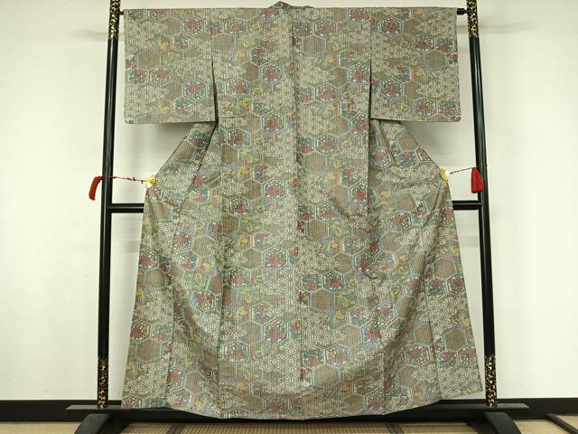 平和屋着物▽上質な紬　単衣　亀甲花文　正絹　逸品　AABL6809jh