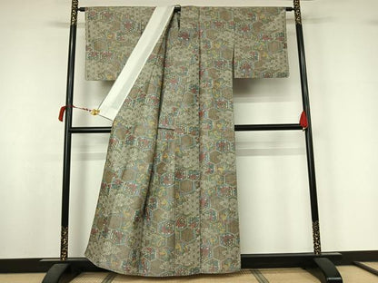 平和屋着物▽上質な紬　単衣　亀甲花文　正絹　逸品　AABL6809jh