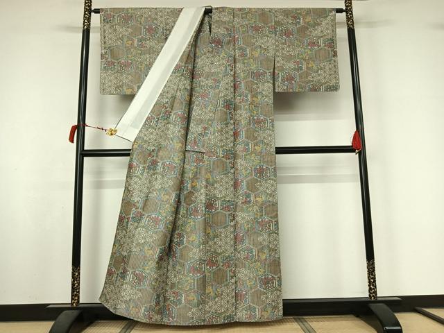 平和屋着物▽上質な紬　単衣　亀甲花文　正絹　逸品　AABL6809jh