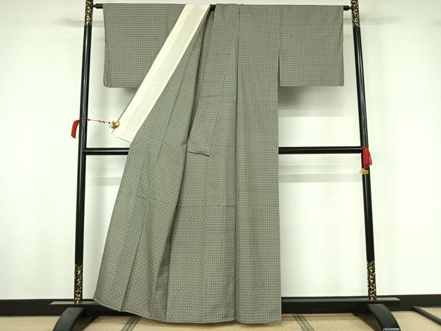 平和屋着物▽上質な紬　単衣　花織　格子　正絹　逸品　AABL6810jh