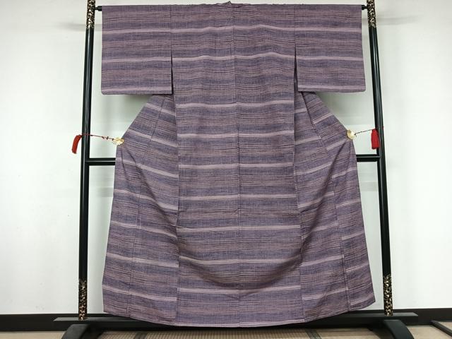 平和屋着物▽上質な紬　単衣　横段文　正絹　逸品　AABL6811jh