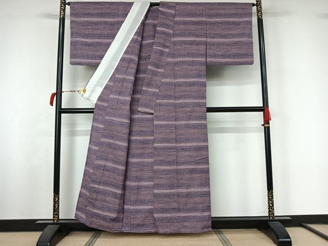 平和屋着物▽上質な紬　単衣　横段文　正絹　逸品　AABL6811jh