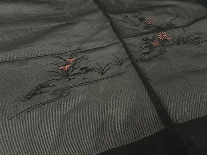 平和屋着物▽羽織　スリーシーズン　春夏秋　塵除け　刺繍　流水花文　黒地　洗える着物　AABL6813jh