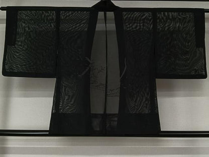 平和屋着物▽羽織　スリーシーズン　春夏秋　塵除け　流水笹の葉文　黒地　洗える着物　AABL6814jh