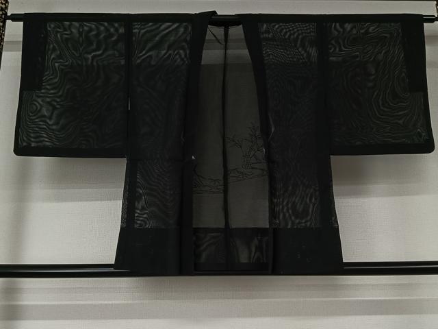 平和屋着物▽羽織　スリーシーズン　春夏秋　塵除け　流水笹の葉文　黒地　洗える着物　AABL6814jh
