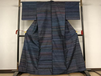 平和屋着物▽上質な紬 　単衣　横段文 　正絹　逸品　未使用　AABL6819jh