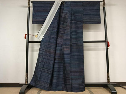 平和屋着物▽上質な紬 　単衣　横段文 　正絹　逸品　未使用　AABL6819jh