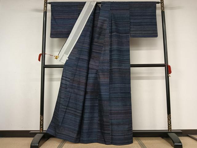 平和屋着物▽上質な紬 　単衣　横段文 　正絹　逸品　未使用　AABL6819jh