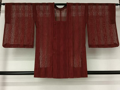 平和屋着物▽道行コート　スリーシーズン　春夏秋　塵除け　変わり縞　濃紅色　正絹　逸品　未使用　AABL6823jh
