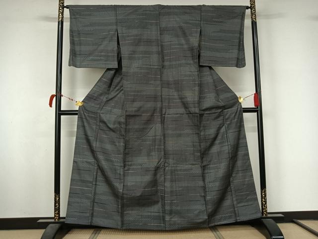 平和屋着物▽上質な紬　単衣　100亀甲　横段文　正絹　逸品　AABL6837jh
