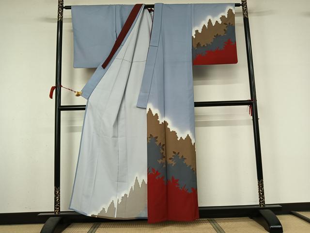 平和屋着物▽訪問着　単衣　草葉文　暈し染め　洗える着物　AABL6838jh