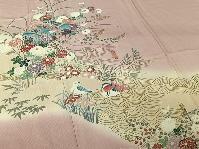 平和屋着物▽訪問着　単衣　花文箱文　暈し染め　金彩　正絹　逸品　AABL6846jh