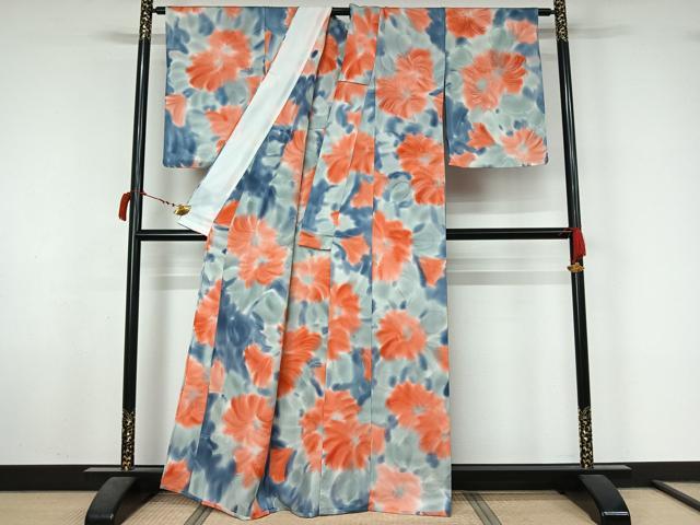 平和屋着物▽上質な小紋　単衣　ろうけつ染め　草花文　暈し染め　正絹　逸品　AABL6847jh