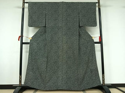 平和屋着物▽上質な小紋　単衣　舞葉文　黒地　正絹　逸品　AABL6849jh
